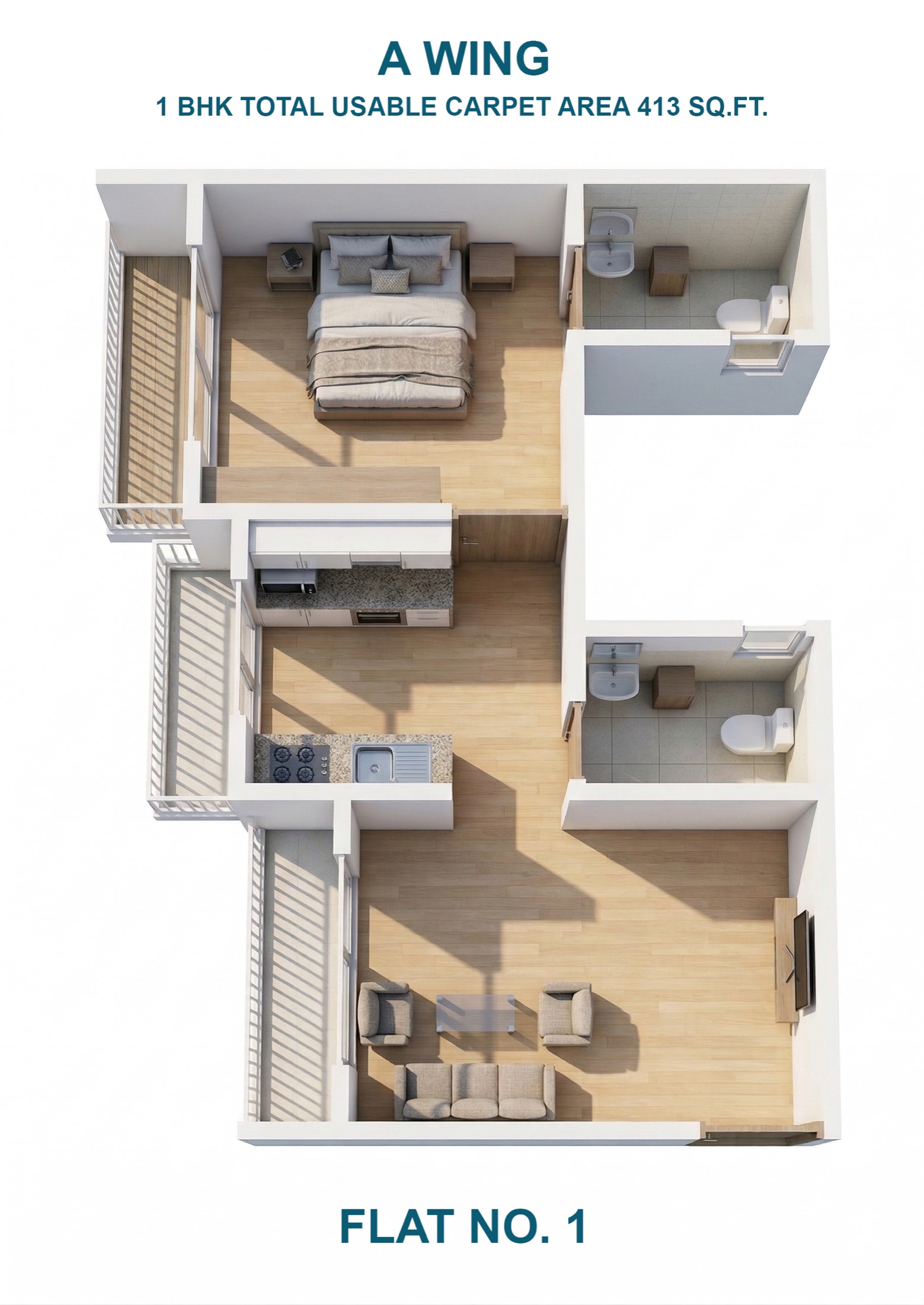 3D floor plan — Wing A, Unit 1, 1 BHK